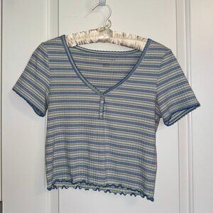 American Eagle Blue and Green Cropped Striped Top Medium